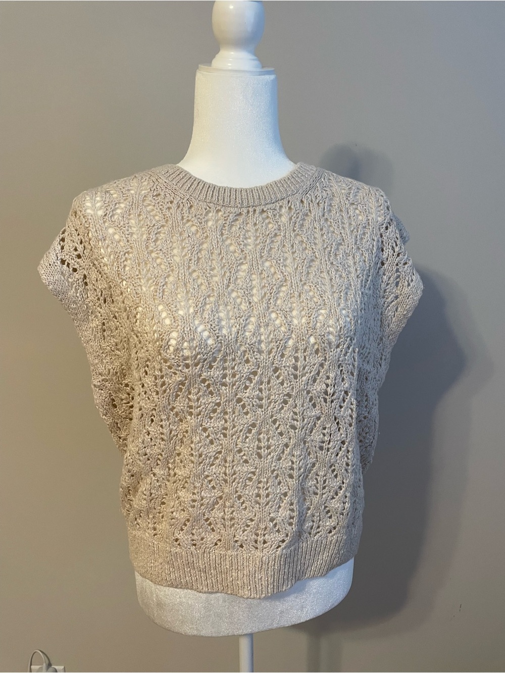 Garnet Hill Open-Knit Short Sleeve Sweater - Taupe